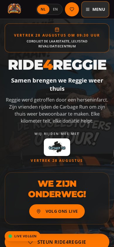 Ride4Reggie op een mobiele schermbreedte